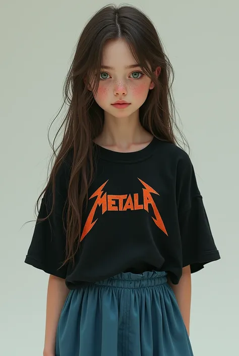 Girl . Pale face with freckles , long brown straight hair below the hips.  Green eyes and soft smile .  The girl is wearing a long loose black t-shirt with the name of a metal band and a long loose blue skirt that reaches up to her ankles.