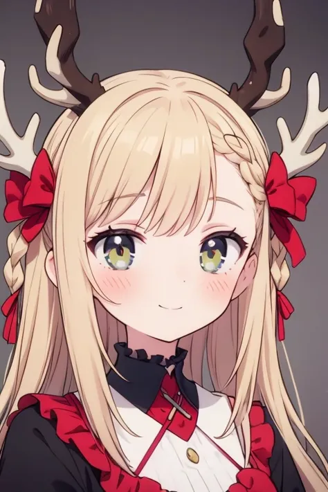  top quality ,masterpiece,  1 woman ,  solo , modelshoot, amazing,  model shoot of user , ((([portrait))),  antlers, Deer ears, Look at the user, Smile,  Blush, hairpin,(( braid)), hair accessories, ((hairpin)),