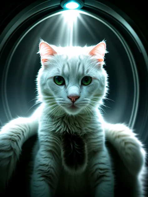 A close-up portrait of a white cat in a parallel universe, hyper detailed, cinematic, dramatic lighting, intricate sci-fi environment, neon lights, floating islands, alien architecture, glowing crystals, volumetric fog, futuristic, highly detailed, photore...