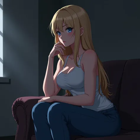 anime, female, woman, white form-fitting tank top, jeans, long blonde hair, sitting in sofa, leaning forward, resting chin on palm, subtle smile, blue eyes, dim-lit room, introspective, bending forward, elbow resting on legs, neutral face, athletic arms, a...