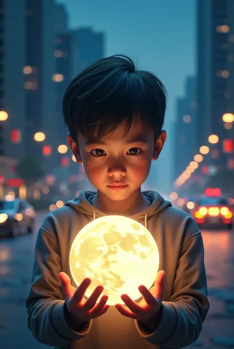 A boy holding of moon with cars