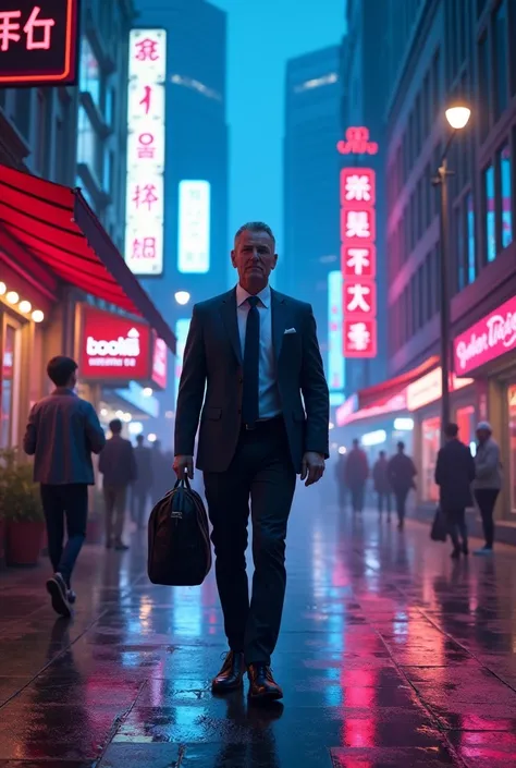 A business man walking to a town blue and red neon lights 