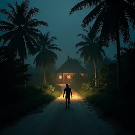 A mysterious atmosphere unfolds outside an abandoned, desolate ."with a wooden hut or cabin in the background illuminated by warm lighting. Palm trees and lush vegetation surround the path, creating a mysterious and serene atmosphere in the deep of night. ...