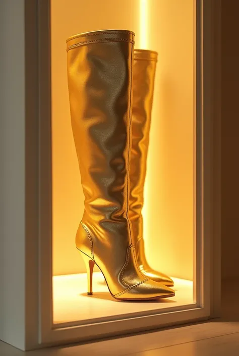 ((Best quality, 8k, Masterpiece :1.3)),((gold ankle heeled boots:1.1)), stored in a bright apartment entrance cabinet