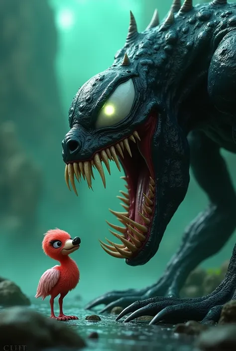  Fantasy 3D scene featuring a monstrous monster inspired by Venom ,  with its big mouth open as if it wants to eat a small, innocent flaminggo puppy.  The background is dark and creepy ,  with glowing green mist , sharp stones ,  and gripping atmosphere . ...