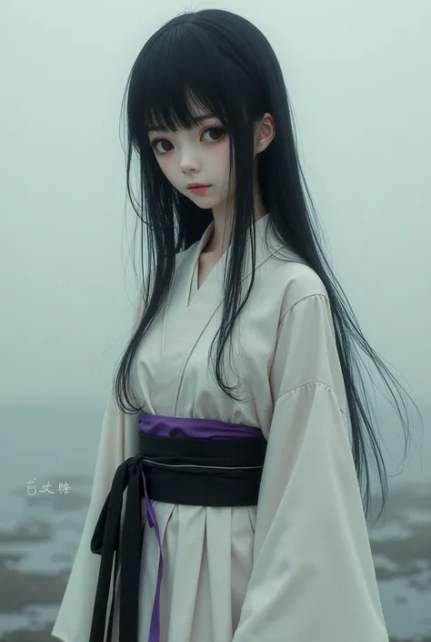 Sickly、 Japanese、 girl、 White yukata、 black purple belt、long black hair、 straight hair、Fleeting、Bangs, リアル