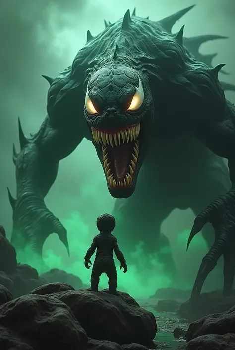  Fantasy 3D scene featuring a monstrous monster inspired by Venom ,  with its big mouth open as if it wants to eat a small, innocent cobra cub.  The background is dark and creepy ,  with glowing green mist , sharp stones ,  and gripping atmosphere . The co...