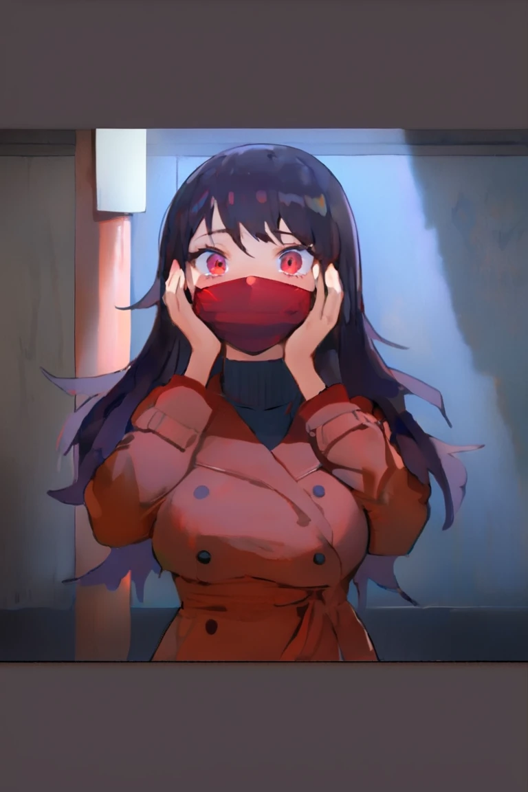 1 woman, full body, single, light skin, black hair, long hair, red eyes, red surgical mask, chest, trench coat red, defined eyes, dark environment, black sweater with turtleneck visible on the chest, hands on cheeks, Expressive face, surprised and blushing...