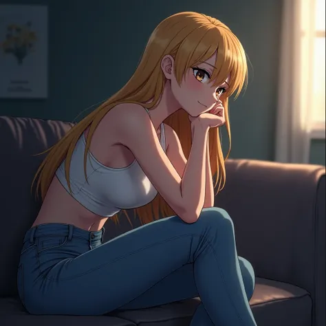 anime, female, woman, white form-fitting tank top, jeans, long blonde hair, sitting in sofa, leaning forward, resting chin on palm, subtle smile, blue eyes, dim-lit room, introspective, bending forward, elbow resting on legs, neutral face, athletic arms, a...