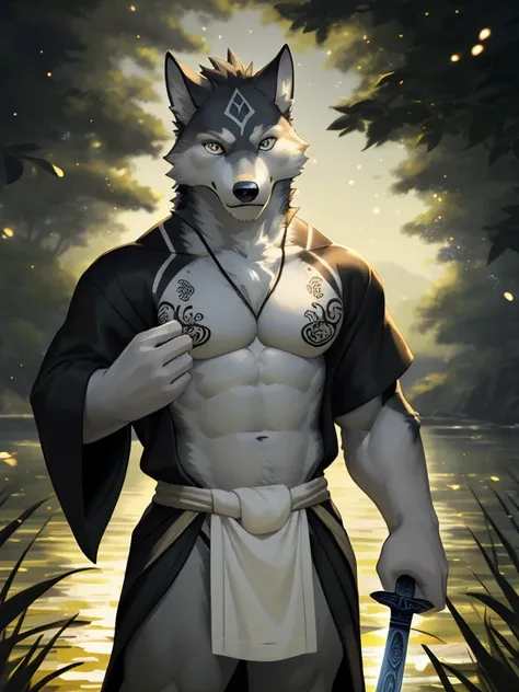 Masterpiece, official art, furry, male, anthropomorphic gray wolf, delicate face, delicate eyes, tattoo on chest, azure eyes, white loincloth, kerosene lamp, red vertical on forehead, red eyeliner at the corner of the eye, sword in hand: 1.2, depth of fiel...