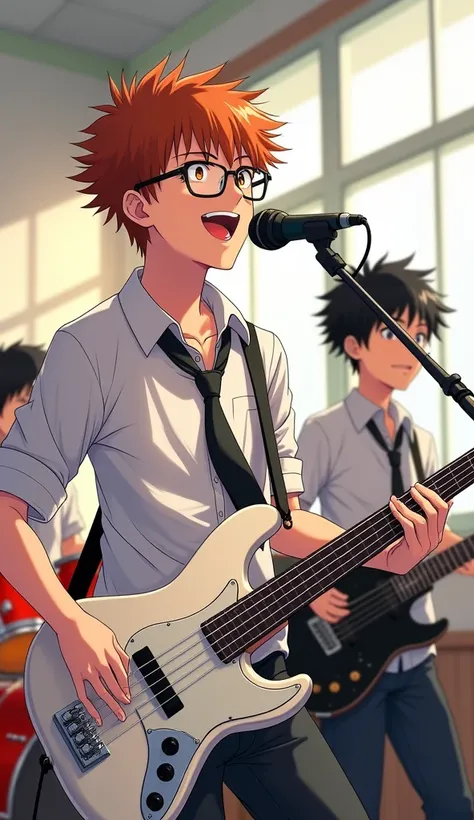 A dynamic anime-style illustration of a youthful high school rock band performing in a classroom. The three band members, all wearing modified Japanese high school uniforms, exude energy and charisma. Front-left: The lead vocalist and bassist, a stylish bo...