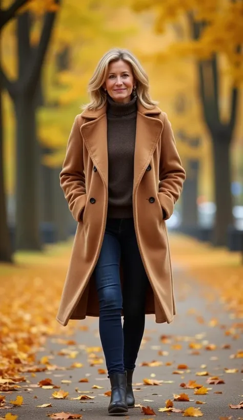 A woman aged 37, in a warm, stylish coat, walking in a peaceful park during autumn, with golden leaves scattered around her feet.