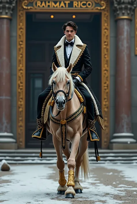 Hyper realistic image of Indonesias 20-year-old male emperor, tall and firm, full body shot, mans face is very clear, face facing the camera,  scene featuring a large horse, sitting on the back of a horse, wearing a black and white tuxedo, wearing a gold-c...