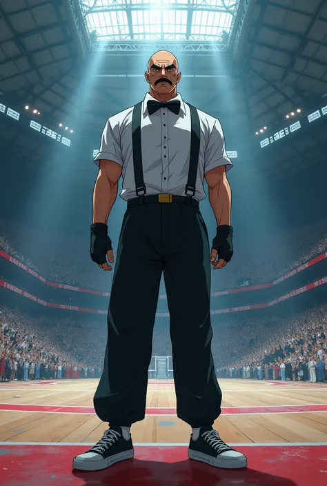 A referee is standing on a very HUGE PLATFORM made of METAL , . THE METAL PLATFORM OF THE stadium covers the entire martial arts court is full of many people who are in the stands, the referee is standing in the middle of the immense metal platform where t...