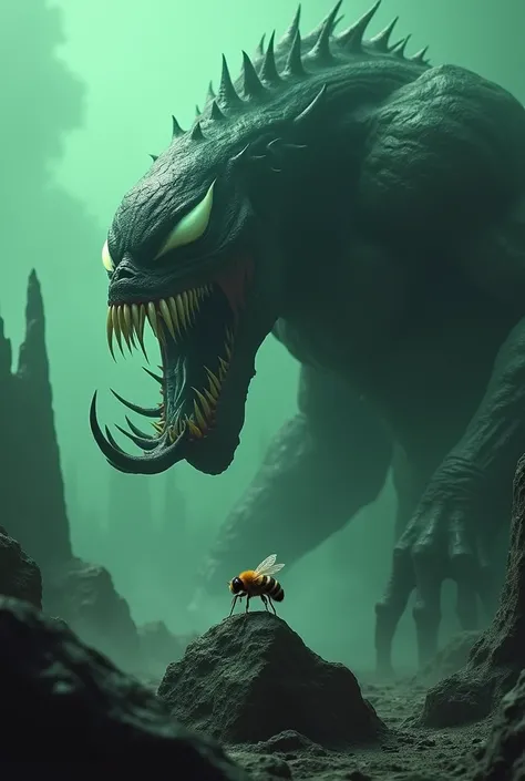  Fantasy 3D scene featuring a monstrous monster inspired by Venom ,  with its big mouth open as if it wants to eat a bee.  The background is dark and creepy ,  with glowing green mist , sharp stones ,  and gripping atmosphere . the bee stands on a rock ,  ...