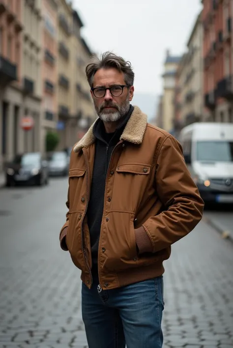 arafed man in a jacket and glasses standing on a sidewalk, brown jacket, wearing jacket, an aviator jacket and jorts, light brown coat, mid shot portrait, shot on sony a 7, edited in photoshop, full body photogenic shot, shot on nikon z9, wearing an aviato...