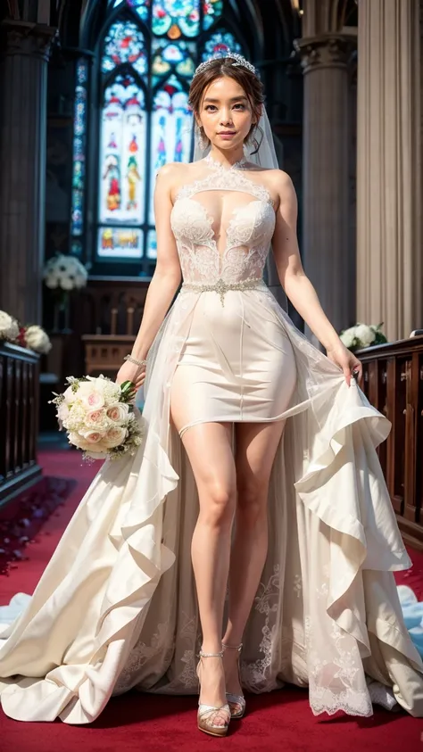 A beautiful young Japanese woman, 26 years old, with healthy thighs, beautiful legs, flawless skin, random hair color and style, large breasts, wearing a (wedding dress:1.3), (she is standing:1.2), full body shot, high heels, holding a bouquet in her hands...