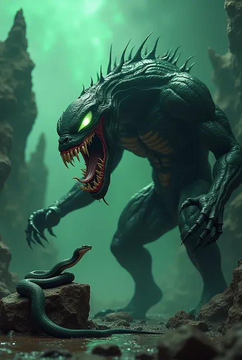  Fantasy 3D scene featuring a monstrous monster inspired by Venom ,  with its big mouth open as if it wanted to eat a cobra.  The background is dark and creepy ,  with glowing green mist , sharp stones ,  and gripping atmosphere . the cobra stood on a rock...