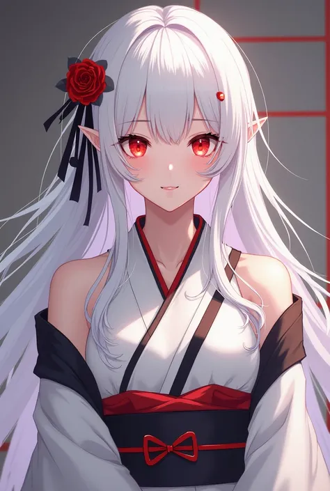 Women, long hair, white hair, red eyes, smiling, cute face, white and a little bit black kimono, has a small decoration on the head