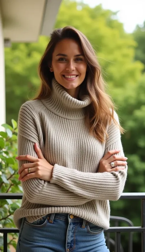 A 36-year-old woman in a casual turtleneck sweater, posing on a balcony with lush greenery behind her, enjoying a warm sunny day.