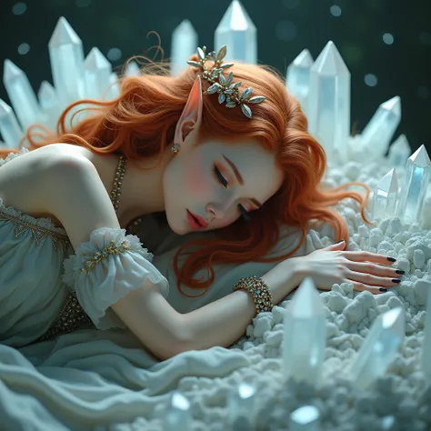 Sleeping on the bed, elf girl, red hair, really attractive face, bed made out of crystals, beautiful clothes, sleeping pose looking at you, silver hair, white eyes, jewelleries, necklace