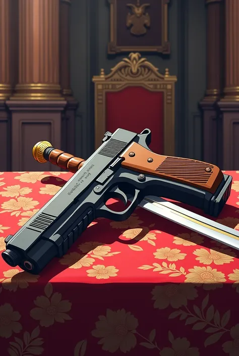 Simple 90s anime styled of a pistol and sword on the royal table