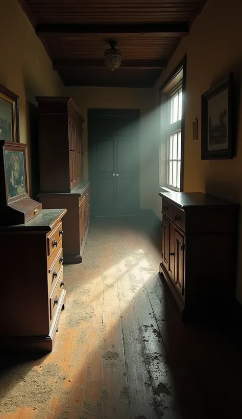 A long, dimly lit wooden hallway with antique furniture on either side. Faint barefoot impressions appear on the dusty floor as if an invisible figure is walking. Shadows stretch unnaturally along the walls