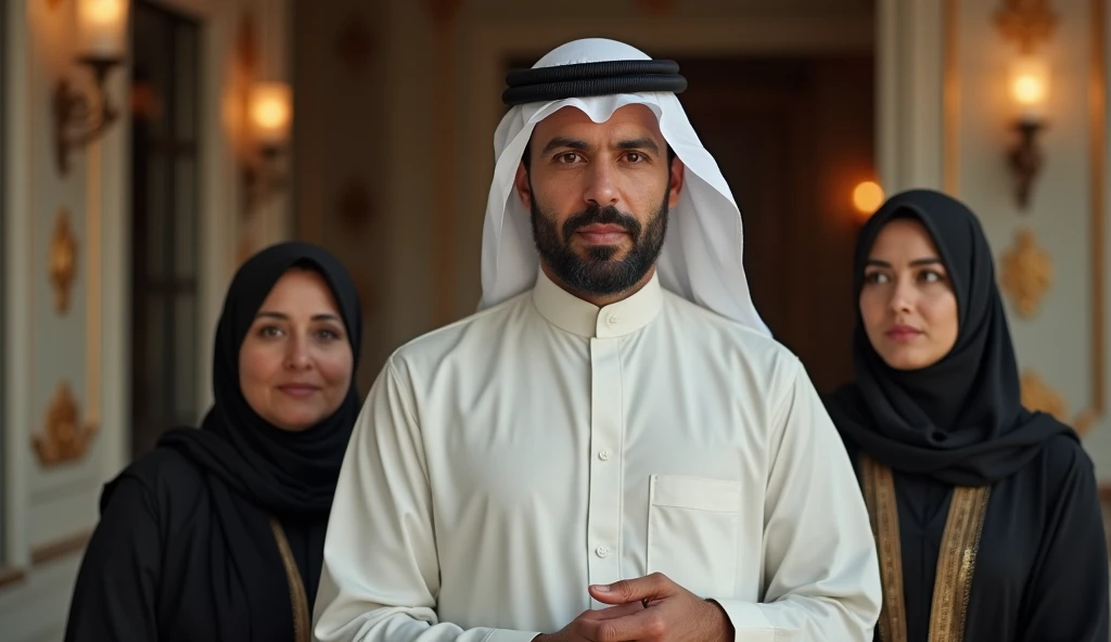  45-year-old man from the Middle East wearing his typical Middle Eastern attire,  and 2 Muslim women wearing hijab , Expression with full emotion, in a luxury home, 4k, 8K, HD, realistic,  professional photograph ,