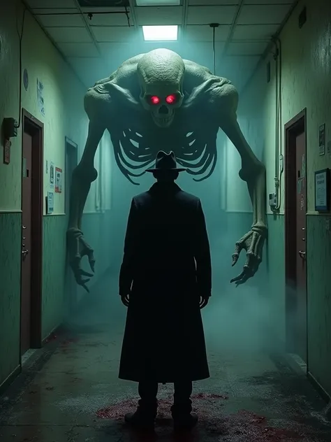  A man in a long black coat and leather hat is alone in a spooky hospital ward，Theres a horribly ugly, huge, blood-eyed skeleton monster behind him that wants to eat him。The atmosphere is gloomy and bloody 