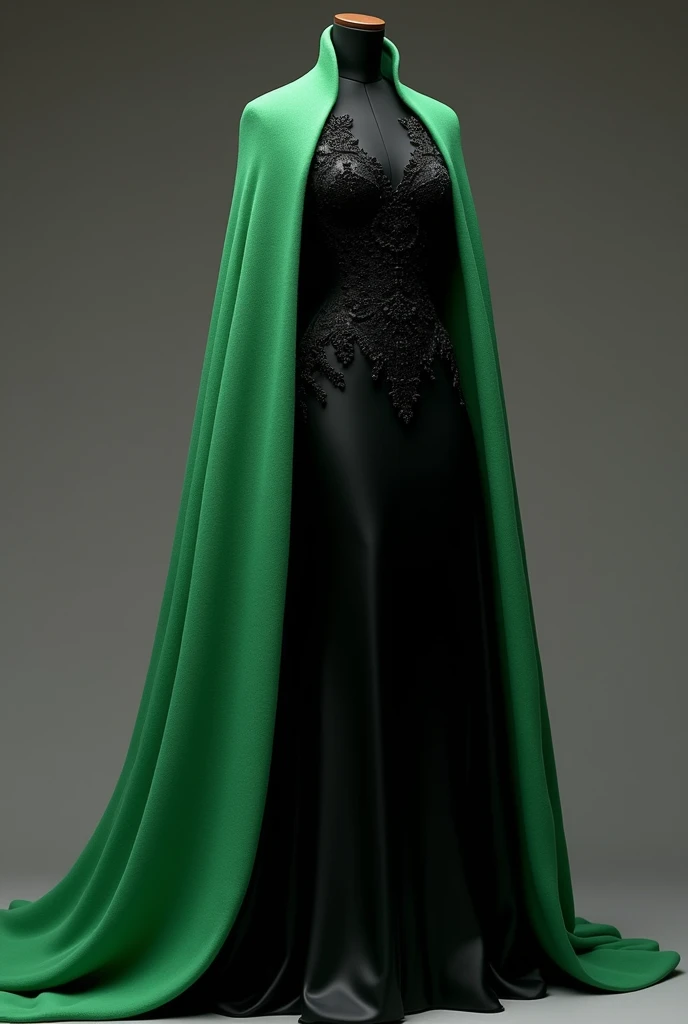 I suggest designing an elegant long black dress with a green shawl