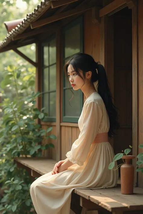 A Vietnamese girl with long, wavy black hair tied in a ponytail, wearing a vintage dress, is sitting on balcony of a cottage-style house.