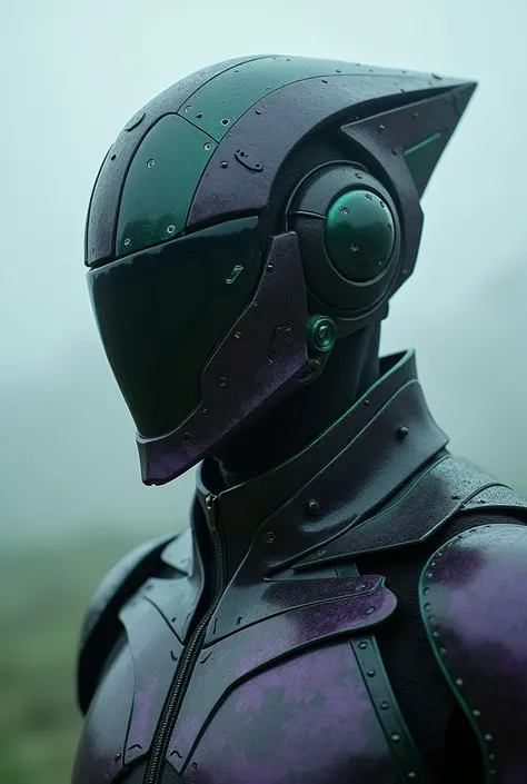 Closed up photography,the cyber conqueror, cybercore high society creature, super intricate armor, the faceless head detail, secret project cyber armor,cyber tech. skin armor, unusual triangle shape helmet, light moody misty cloud background, dark purple, ...