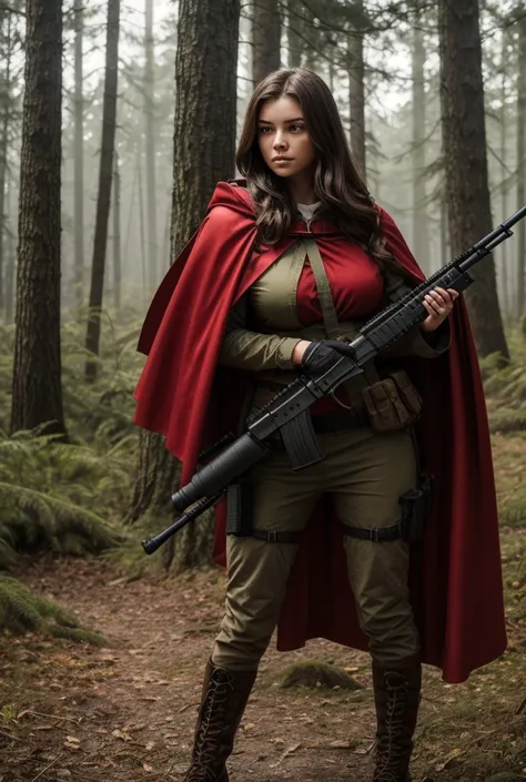 A young woman with a big red cape is going to the forest with her rifle.