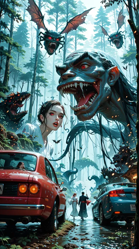    surrounded by a ghostly mist forest   ，   Women in broken Japanese kimono Taxi，  red-eyed monster ， surrounded by a dark air ， a lonely man in the dark  ，Like a cursed  ，  constantly fighting in a mist-filled deep forest canyon  ，  madly hunting monster...