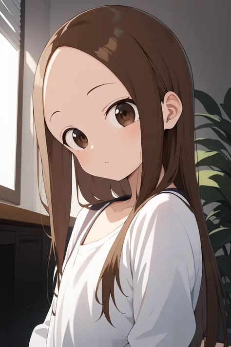 NSFW,masterpiece, top quality , high res, very detailed,Takagi(からかい上手のTakagi), long hair、Brown Hair、 split bangs,Forehead、clavicle