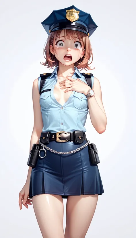  One girl ,Ayase Haruka, viewers(Blushed face:1.0),real skin ,small breasts,  shiny hair ,  Super Detailed Black Eyes,( Equipped Police Belt :1.2),( watch ),( frontal shot:1.2),24K,(Standing in a sexy pose:1.2),(cry:1.2),(Surprised:1.0),( super short lengt...