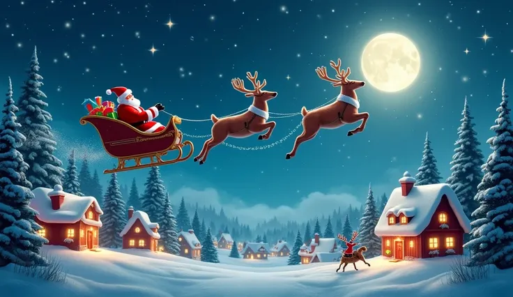 A festive Christmas scene featuring Santa Claus flying through a starry night sky in his sleigh, led by reindeer with Rudolph’s glowing red nose. The sleigh is brimming with colorful, wrapped presents. Below, a cozy snow-covered village glows with warm lig...