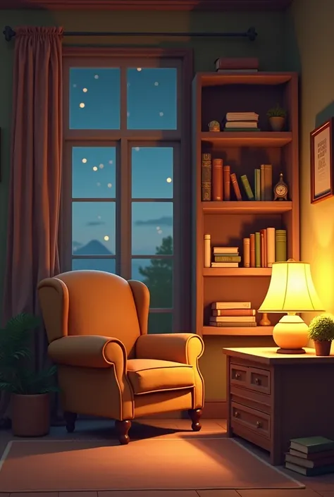 A cozy and inviting corner of a room designed for storytelling, with a comfortable armchair, a warm glowing lamp, and a stack of books beside it. The scene has a soft, warm color palette of browns, oranges, and golds, creating a peaceful, nostalgic atmosph...