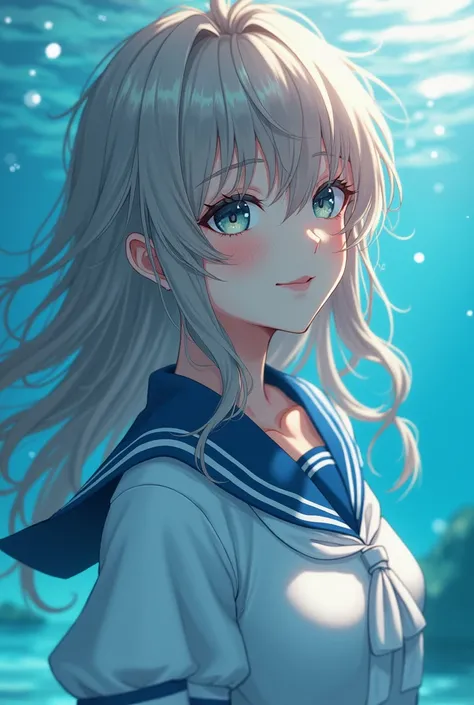 (transparent:1.3),white serafuku ,sailor dress, white theme,,  Sailor suit ,  looks at viewer ,  Madness,  disheveled long hair,  beautiful detailed eyes, hair glows , dramatic angle , blue sailor shirt, firm breasts, Easy smile,partially underwater shot.....