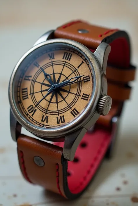 **object**
 -A thin leather bracelet , brown and worn ,  with red and black trim .
**utility** 
 -To put it under and above the watch so you can cover it when you dont want to see it. 
** Features ** 
 -With velcro closure to cover the watch . 
**decoratio...