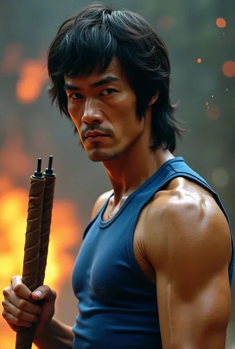 Bruce lee with long flowing hair longer than shoulder length while holding nunchucks with one ened under his armpit And blue sleeveless shirt. Cinematic action ambiance