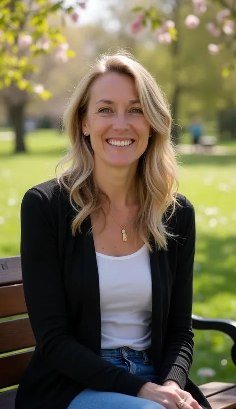 A 35-year-old woman with a graceful smile, dressed in a black cardigan, seated at a park bench during a sunny spring day with flowers all around.