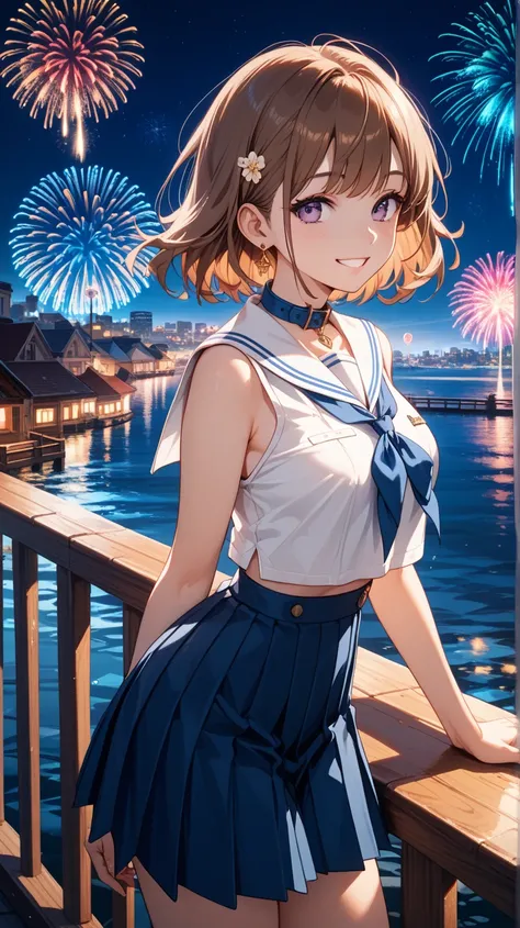 Image is an anime-style illustration featuring a young woman with short brown hair and large, expressive purple eyes. She has a fair skin tone and is wearing a sleeveless white sailor-style top with a navy blue collar and bow, paired with a short pleated n...