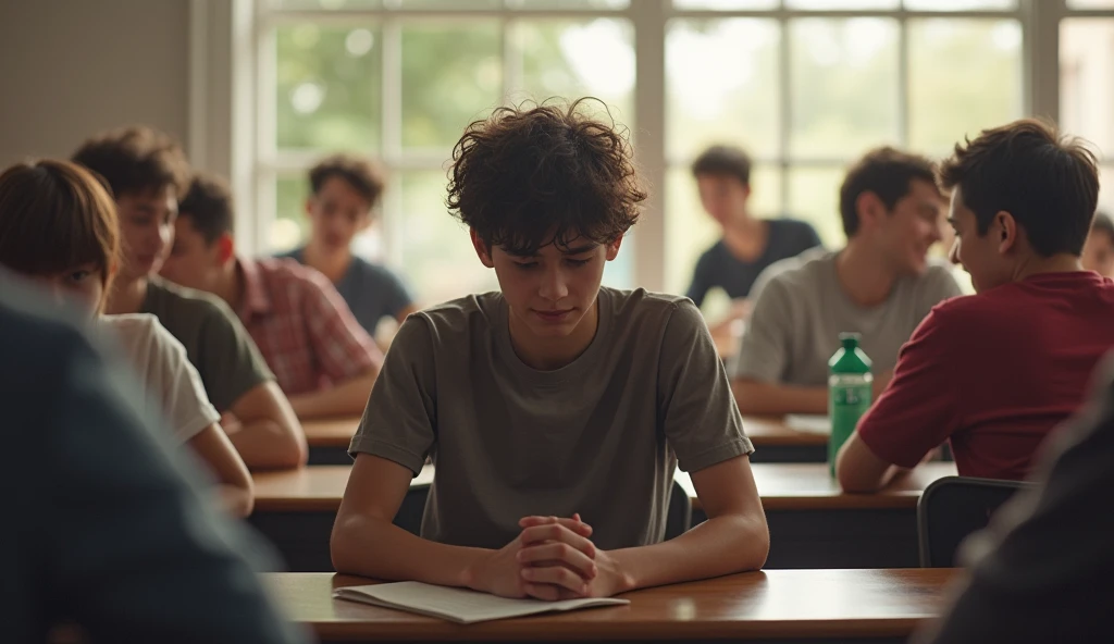 The boy sitting in his college desk his friends laughing and interacting he left out