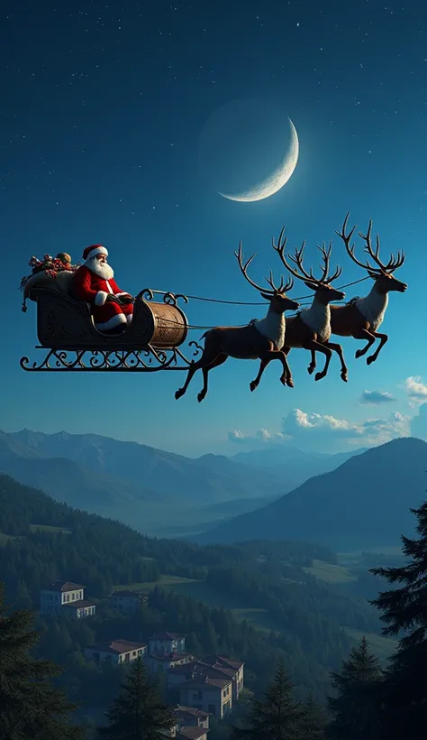 A realistic night scene, Santa Claus on the sleigh With a sack of gifts loaded behind flying over Spain,With six flying reindeer pulling the sleigh