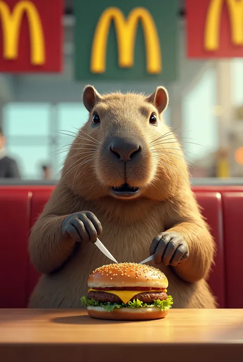 Capybara eating in a hurry with a knife at McDonalds Big Mac