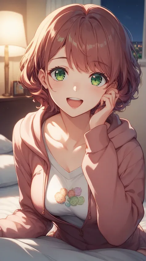  One girl , Older sister, high res, chest,  shortcuts, reddish brown bob hair , mustard colored hoodie, emerald green eyes,  anime illustrations, character design drawing, cute room ,窓からnight景が見える,night,Sit on the bed,whole body,smile, open her mouth ,