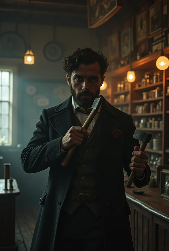 Murder is about to happen, a 19th-century college student man holding an axe with both hands and trying to kill his grandmother in a 19th-century pawnshop with a dark, dark atmosphere, and his grandmother falling down after being hit by that axe