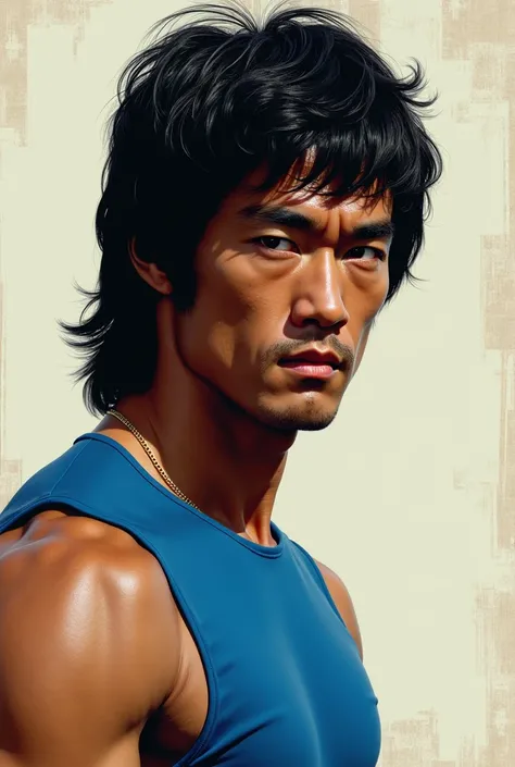 Bruce lee wearing blue sleeveless shirt And a very long hair length exceed shoulders