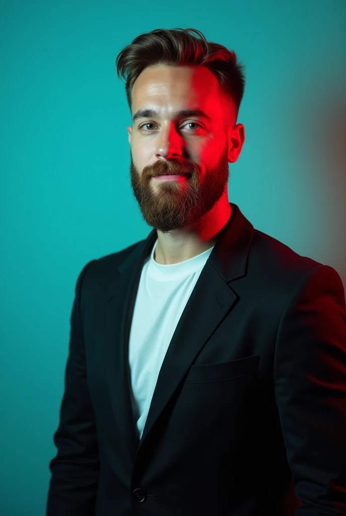 A young men with short hair and a long beard he is dress a black blazer over a white shirt A man is positioned against aqua colour backdrop with a subtle red lighting of the rate site and posing for linkedin profile